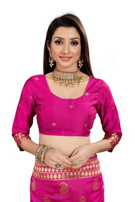 Pink Woven Cotton Silk Saree With Blouse 5