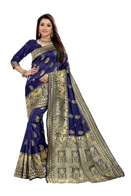 Navy Blue Woven Cotton Silk Saree With Blouse 1