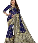 Navy Blue Woven Cotton Silk Saree With Blouse