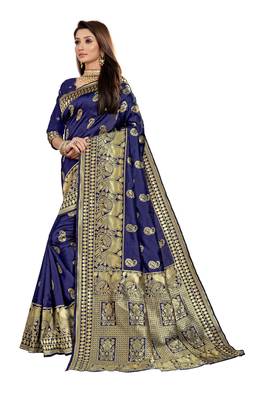 Navy Blue Woven Cotton Silk Saree With Blouse 2