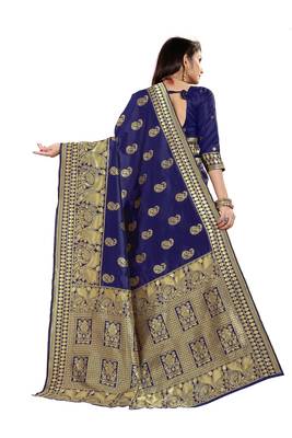 Navy Blue Woven Cotton Silk Saree With Blouse 3