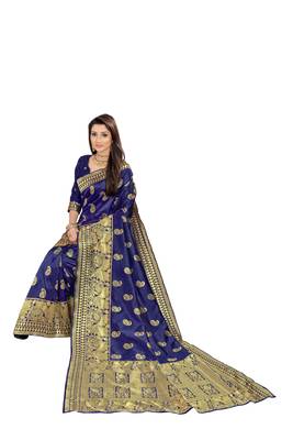 Navy Blue Woven Cotton Silk Saree With Blouse 4