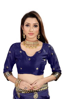 Navy Blue Woven Cotton Silk Saree With Blouse 5