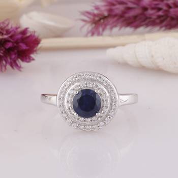 Blue Cubic Zirconia Rhodium Plated Round Disc Ring for Women 4