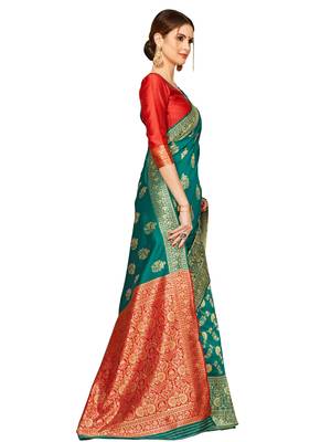 Green Woven Cotton Silk Saree With Blouse 4