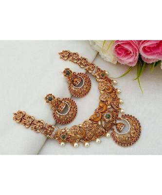 Gorgeous Matt Gold Finish Peacock Necklace with a pair of Matching Ear Rings 1