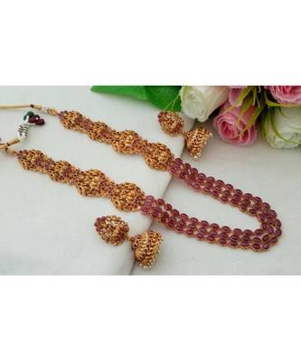 Mezmerizing Matt Gold Finish Kemp Stone Lakshmi Haaram With A Pair Of Matching Jhumkas 1