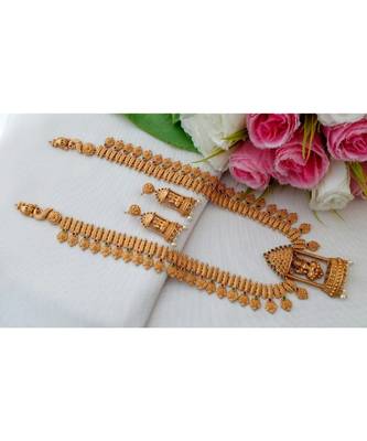 Trendy & Traditional Designer Matt Gold Finish Haaram With Lakshmi Pendant & Matching Ear Rings 1