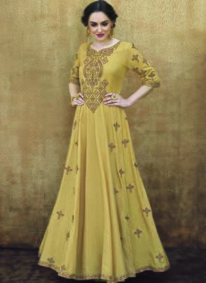 yellow embroidered rayon readymade suits 1