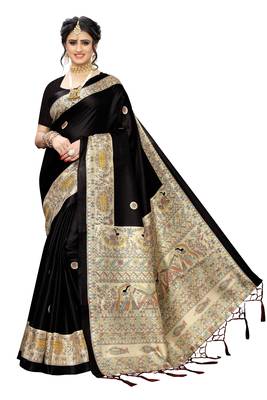 Black printed art silk saree with blouse 1