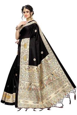 Black printed art silk saree with blouse 2