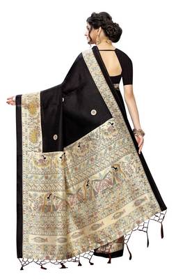 Black printed art silk saree with blouse 3