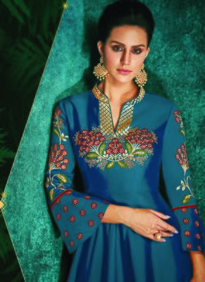 blue embroidered silk blend readymade suits 1