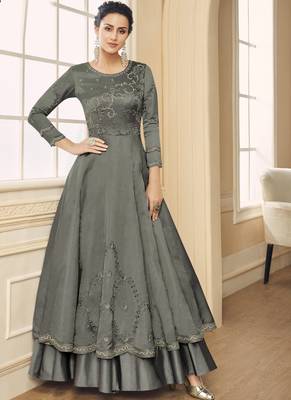 grey embroidered silk blend readymade suits 1
