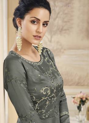 grey embroidered silk blend readymade suits 4