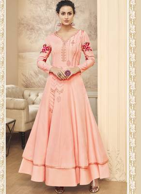 Peach Embroidered Silk Blend Readymade Suits 1
