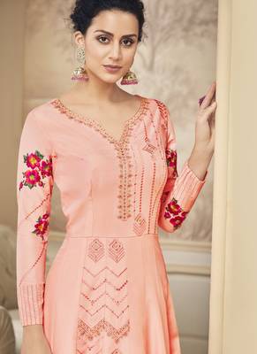 Peach Embroidered Silk Blend Readymade Suits 2