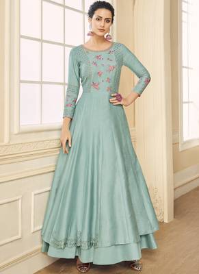 Turquoise Embroidered Silk Blend Readymade Suits 1