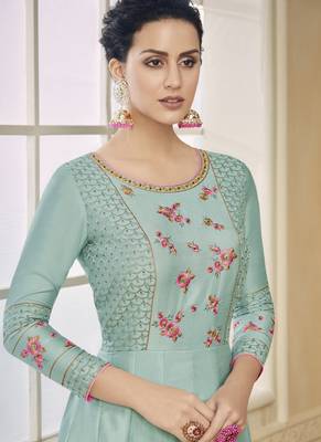 Turquoise Embroidered Silk Blend Readymade Suits 2