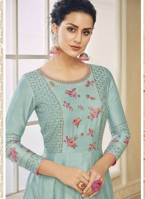 Turquoise Embroidered Silk Blend Readymade Suits 3