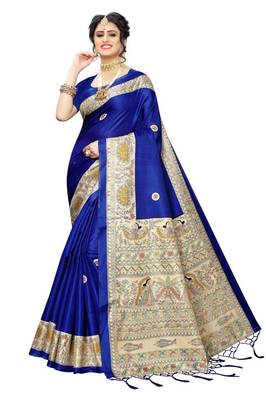 Blue printed art silk saree with blouse 1