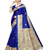 Blue printed art silk saree with blouse