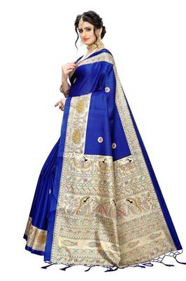 Blue printed art silk saree with blouse 2