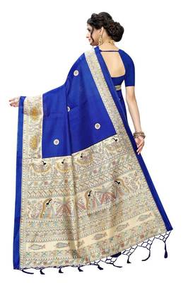 Blue printed art silk saree with blouse 3