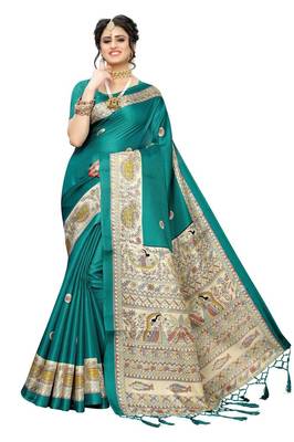 Green printed art silk saree with blouse 1