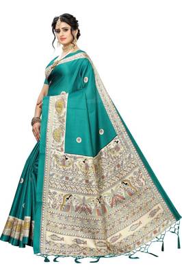 Green printed art silk saree with blouse 2