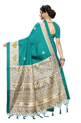 Green printed art silk saree with blouse 3