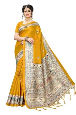 Yellow printed art sillk saree with blouse 1