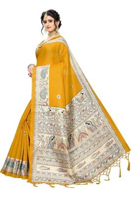 Yellow printed art sillk saree with blouse 2