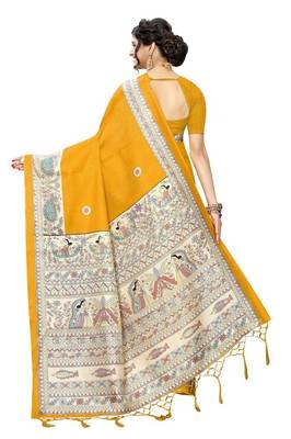Yellow printed art sillk saree with blouse 3
