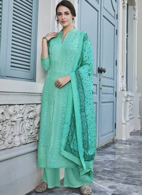Turquoise Embroidered Georgette Readymade Suits 1