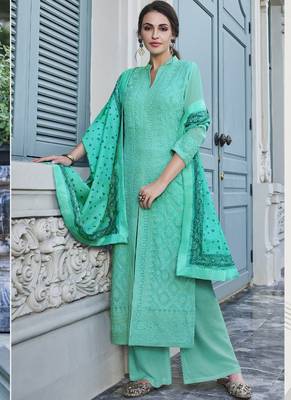 Turquoise Embroidered Georgette Readymade Suits 2