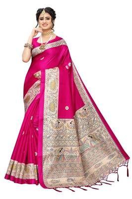 Pink printed art silk saree with blouse 1