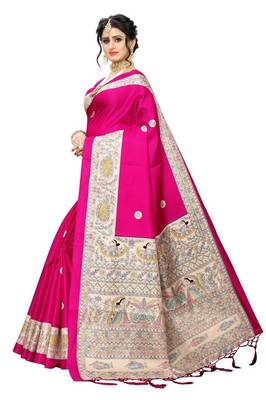 Pink printed art silk saree with blouse 2