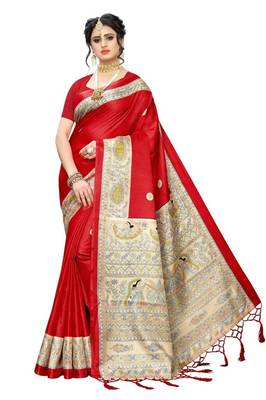 Red Printed art Silk Saree With Blouse 1