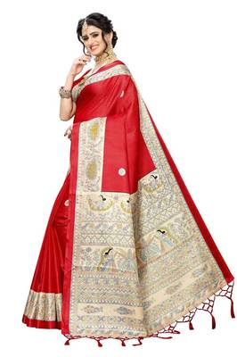 Red Printed art Silk Saree With Blouse 2