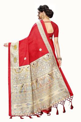 Red Printed art Silk Saree With Blouse 3