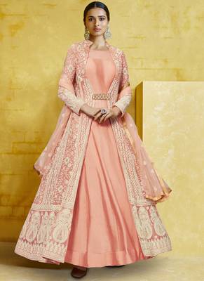 Peach Embroidered Georgette Readymade Suits 1