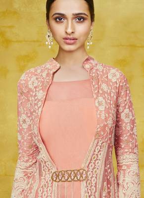 Peach Embroidered Georgette Readymade Suits 2