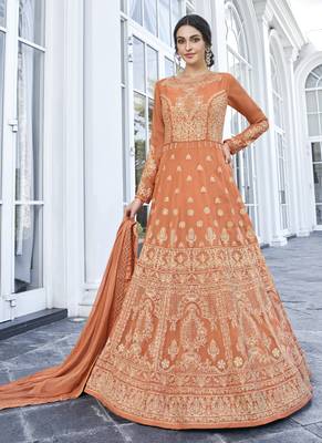 Orange Embroidered Georgette Readymade Suits 1