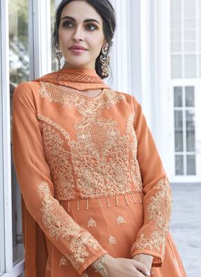 Orange Embroidered Georgette Readymade Suits 2
