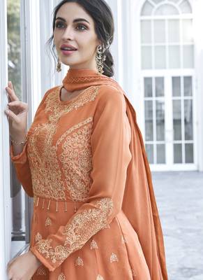 Orange Embroidered Georgette Readymade Suits 3
