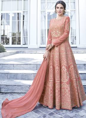 Peach Embroidered Georgette Readymade Suits 2