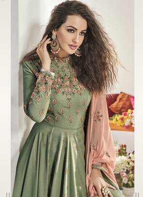 Green Embroidered Viscose Readymade Suits 2