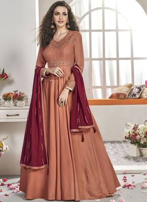 Peach Embroidered Viscose Readymade Suits 1