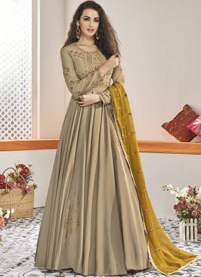 Beige Embroidered Viscose Readymade Suits 1